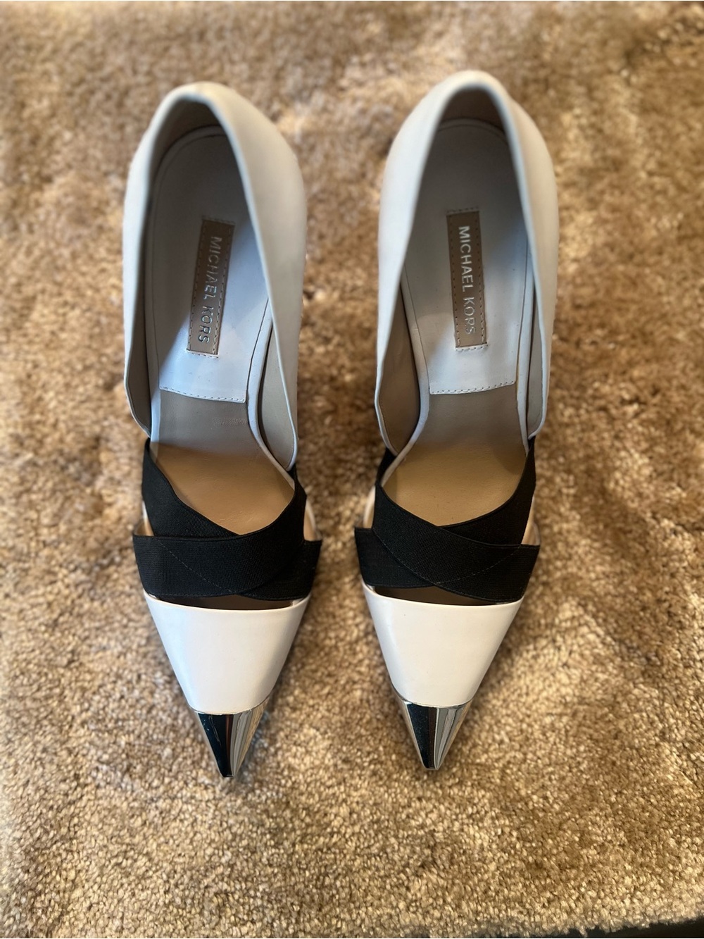 Michael Kors White Pumps with Black Cross-Strap and Silver Cap Toe